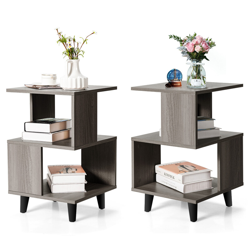 Tvåstegs sängbord set med massivträben i grått, 40 x 40 x 64 cm