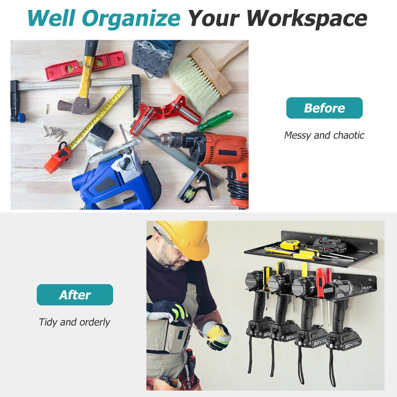 Vägghylla för verktyg med 4 hållare och 36 hål i hållbart kolstål