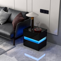 Svart LED-sängbord med fjärrkontroll och två lådor för modern inredning