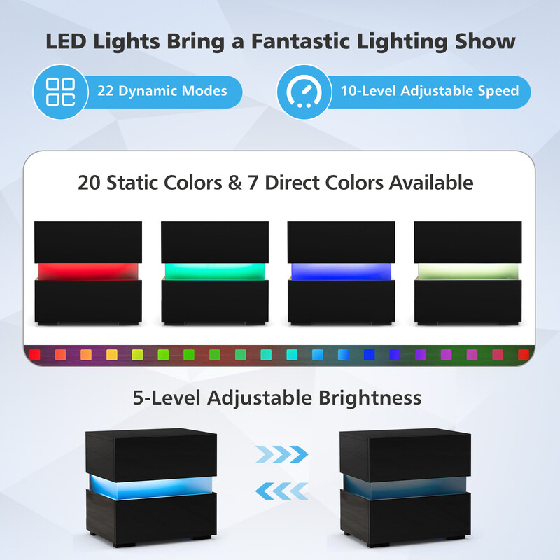 Svart LED-sängbord med fjärrkontroll och två lådor för modern inredning