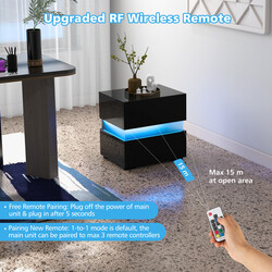 Svart LED-sängbord med fjärrkontroll och två lådor för modern inredning