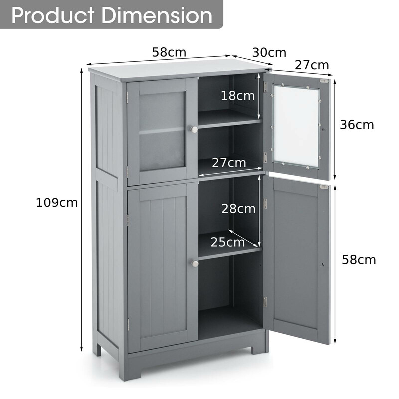 Grått fyrdörrars badrumsskåp med glashyllor och justerbar förvaring för moderna hem