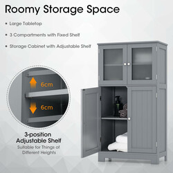 Grått fyrdörrars badrumsskåp med glashyllor och justerbar förvaring för moderna hem