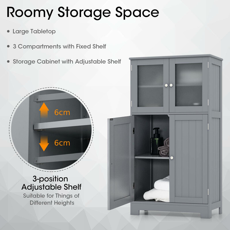 Grått fyrdörrars badrumsskåp med glashyllor och justerbar förvaring för moderna hem