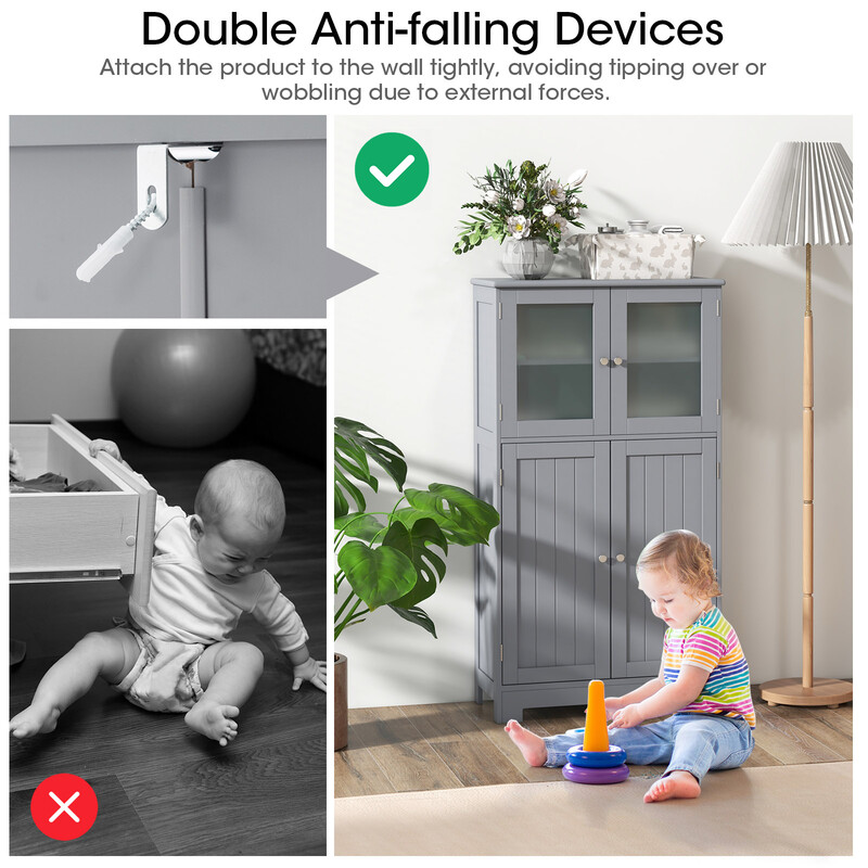 Grått fyrdörrars badrumsskåp med glashyllor och justerbar förvaring för moderna hem