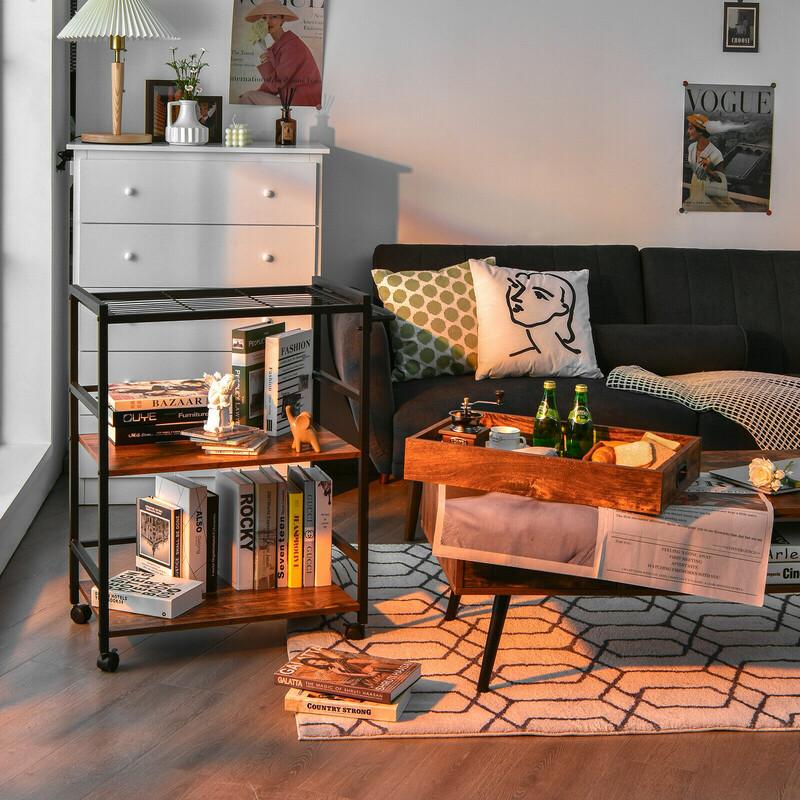 Serveringsvagn med avtagbar bricka och metallram i rustik brun och svart design