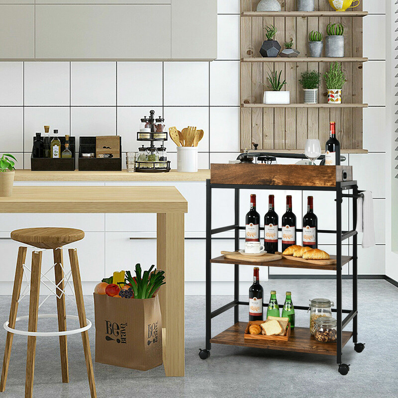 Serveringsvagn med avtagbar bricka och metallram i rustik brun och svart design