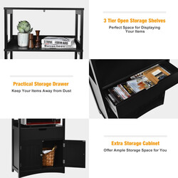 Fristående badrumsskåp med 2 dörrar, 3 öppna hyllor och låda i svart