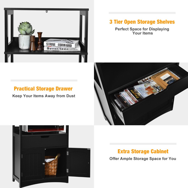 Fristående badrumsskåp med 2 dörrar, 3 öppna hyllor och låda i svart