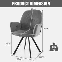 2-pack svängbara matstolar i sammet med metallben grå 360° roterbar 63 x 59 x 87 cm