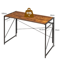 Hopfällbart skrivbord med metallram, rustik brun, 100x50 cm, platsbesparande och stabil design
