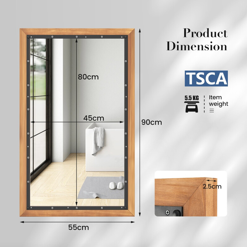 Rustik rektangulär väggspegel med naturlig ram 55 x 90 cm
