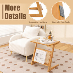 Bambus sidobord med rottinghylla och glasplatta, Z-formad design för hemmet