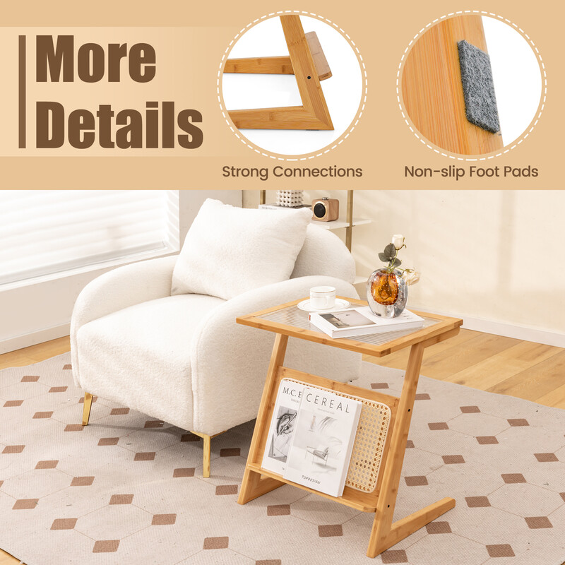 Bambus sidobord med rottinghylla och glasplatta, Z-formad design för hemmet