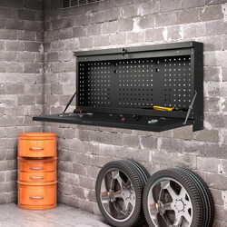 Väggmonterat fällbart arbetsbord med verktygstavla och justerbar arbetsyta i svart stål