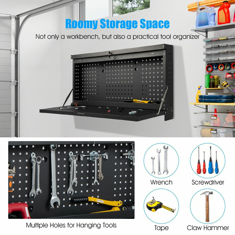 Väggmonterat fällbart arbetsbord med verktygstavla och justerbar arbetsyta i svart stål