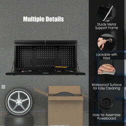 Väggmonterat fällbart arbetsbord med verktygstavla och justerbar arbetsyta i svart stål