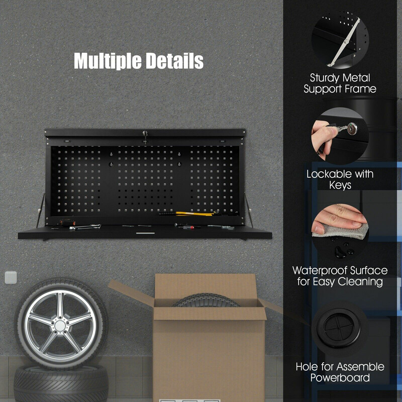 Väggmonterat fällbart arbetsbord med verktygstavla och justerbar arbetsyta i svart stål