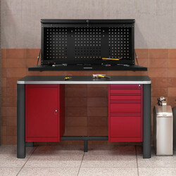 Väggmonterat fällbart arbetsbord med verktygstavla och justerbar arbetsyta i svart stål