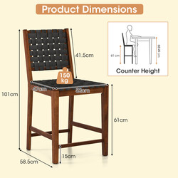 2-pack eleganta barstolar med flätad ryggstöd i trä, svart, upp till 150 kg
