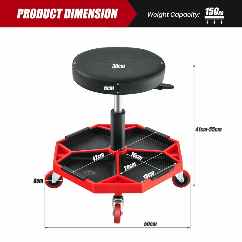 Verkstadstol med justerbar höjd och verktygsbricka, röd/svart, 150 kg kapacitet