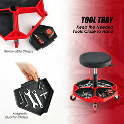 Verkstadstol med justerbar höjd och verktygsbricka, röd/svart, 150 kg kapacitet