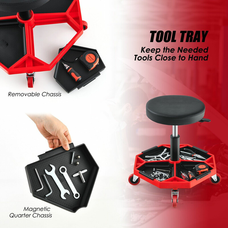 Verkstadstol med justerbar höjd och verktygsbricka, röd/svart, 150 kg kapacitet