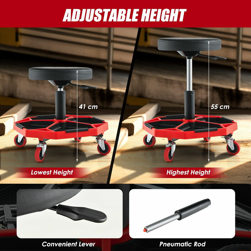 Verkstadstol med justerbar höjd och verktygsbricka, röd/svart, 150 kg kapacitet