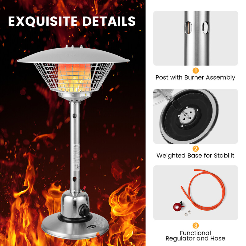 Bärbar terrassvärmare i rostfritt stål med 3200 W propan och säkerhetsskydd