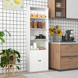 Vit bokhylla i lantlig stil med skåp och justerbara hyllor, 180 cm hög