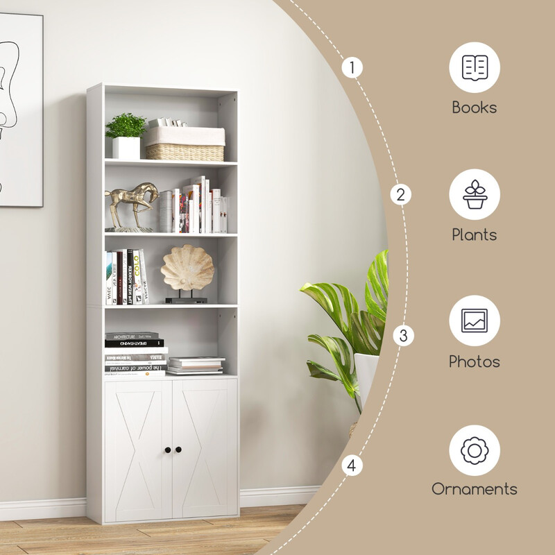 Vit bokhylla i lantlig stil med skåp och justerbara hyllor, 180 cm hög