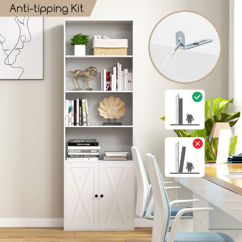 Vit bokhylla i lantlig stil med skåp och justerbara hyllor, 180 cm hög