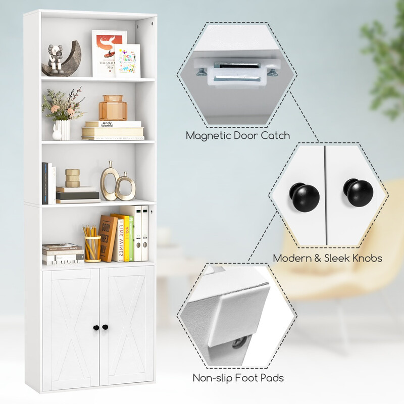 Vit bokhylla i lantlig stil med skåp och justerbara hyllor, 180 cm hög