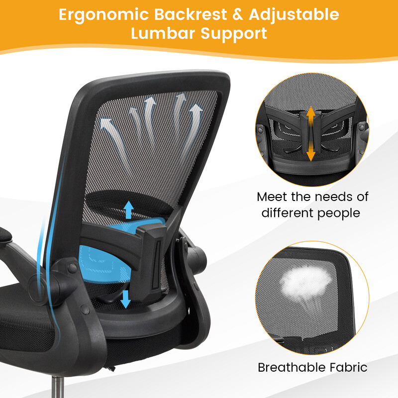 Kontorsstol i nättyg med hög rygg och justerbara armstöd samt fotstöd, svart