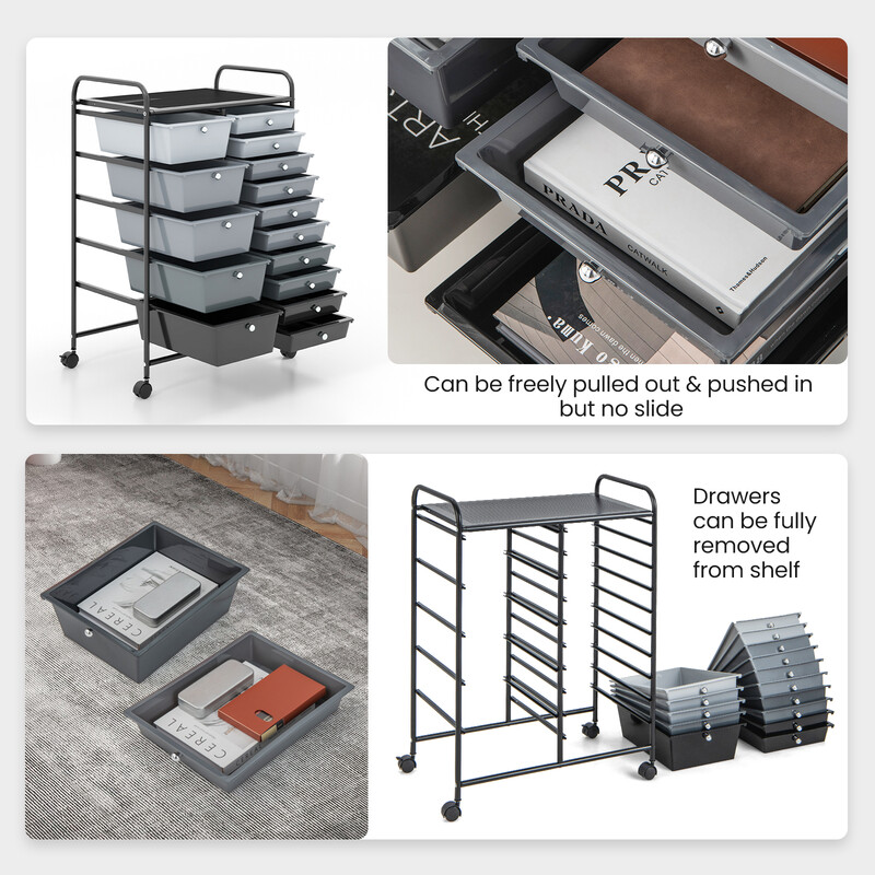 Förvaringsvagn med 15 löstagbara lådor och hjul, svart, 63 x 37 x 87 cm