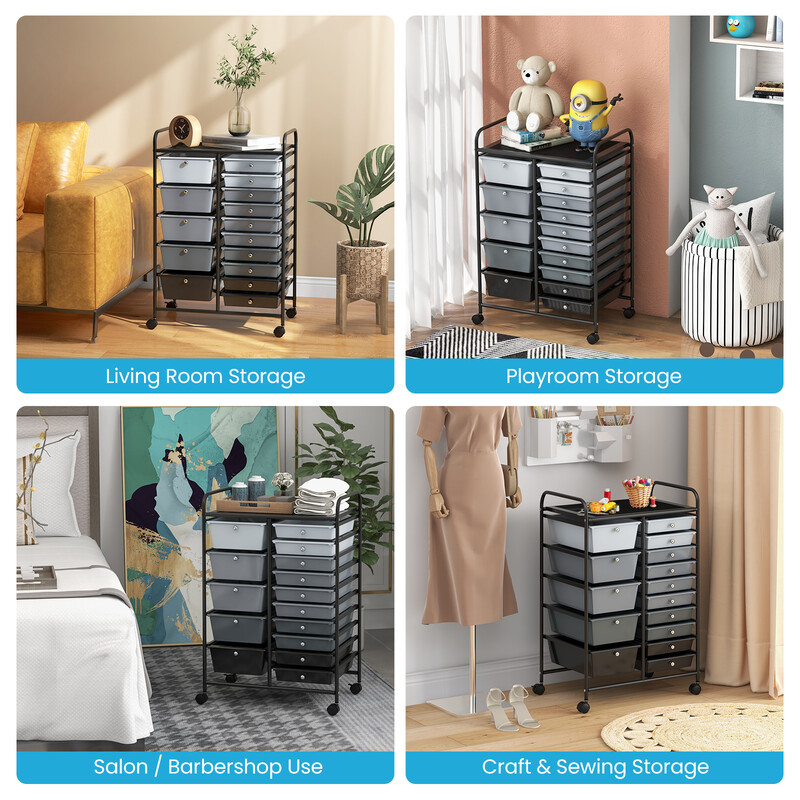 Förvaringsvagn med 15 löstagbara lådor och hjul, svart, 63 x 37 x 87 cm