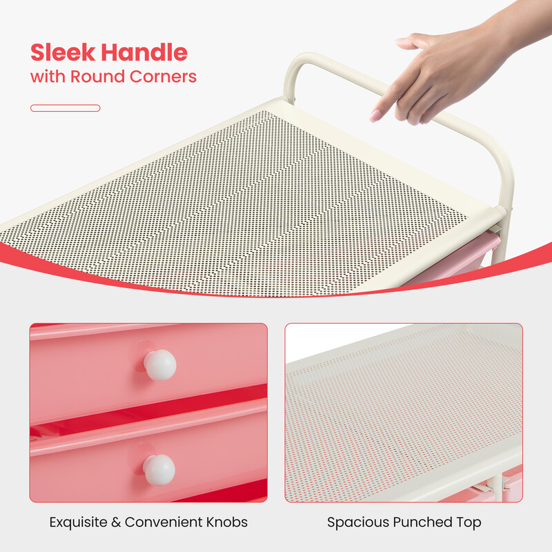 Förvaringsvagn med 15 lådor och hjul, rosa, 63 x 37 x 87 cm