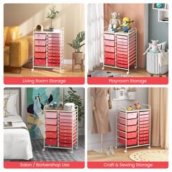 Förvaringsvagn med 15 lådor och hjul, rosa, 63 x 37 x 87 cm