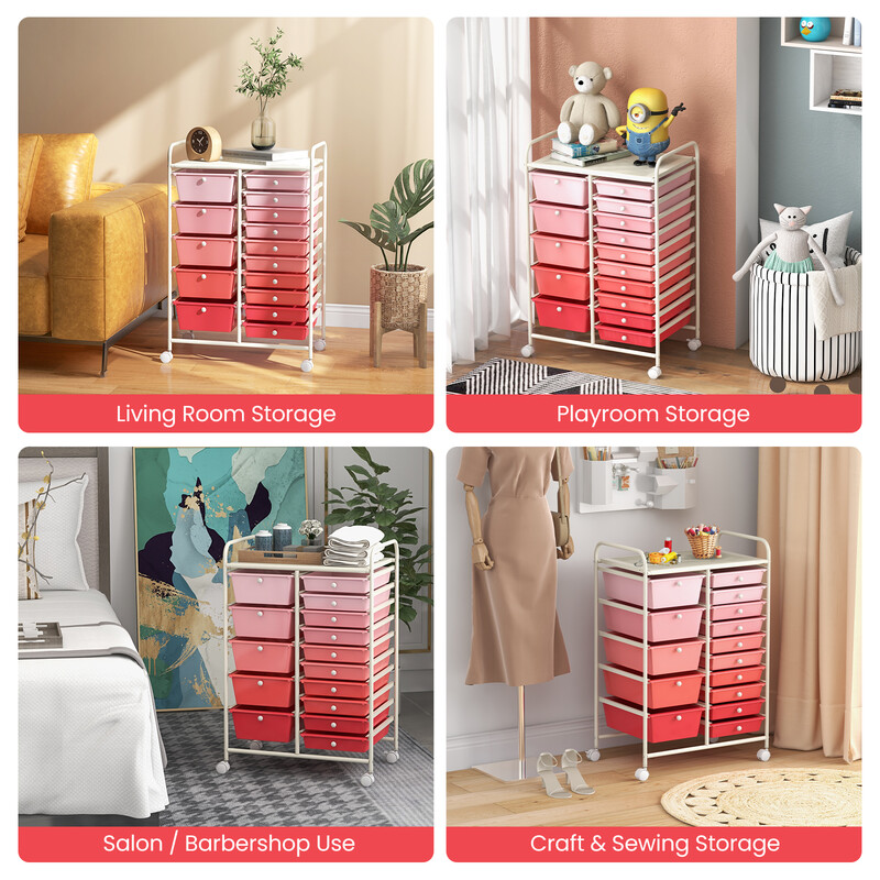 Förvaringsvagn med 15 lådor och hjul, rosa, 63 x 37 x 87 cm