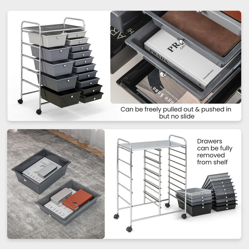 Förvaringsvagn med 15 löstagbara lådor och hjul för hem och kontor