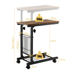 C-formad justerbar soffbord med förvaringskorg i rustik brun färg