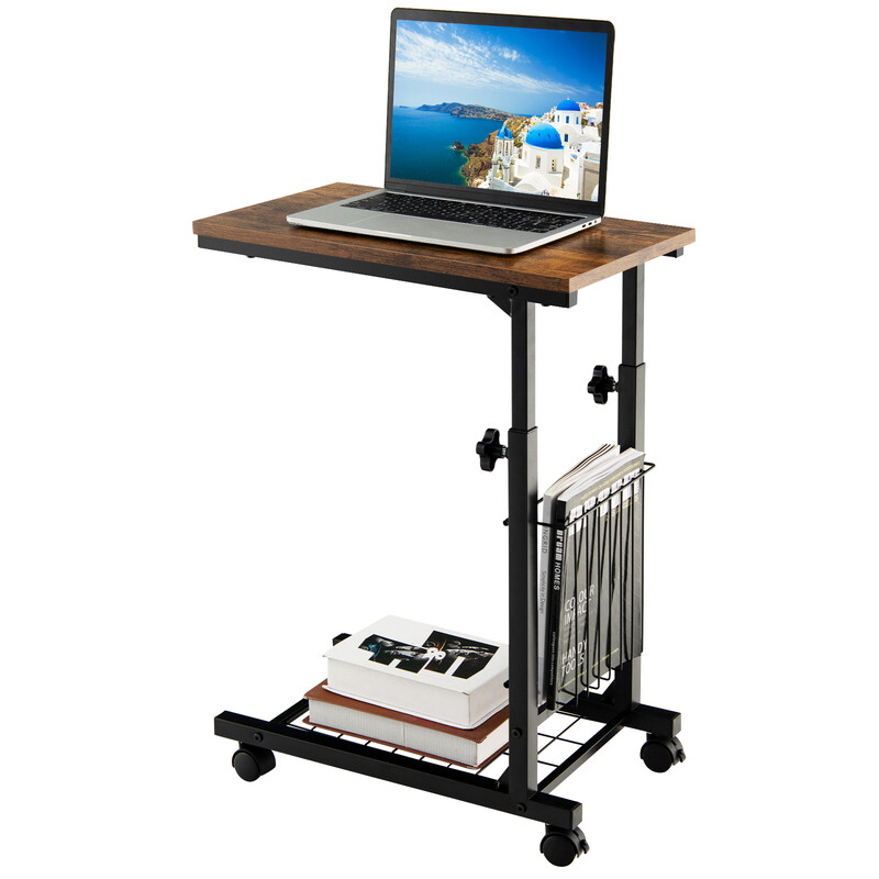 C-formad justerbar soffbord med förvaringskorg i rustik brun färg