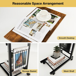 C-formad justerbar soffbord med förvaringskorg i rustik brun färg