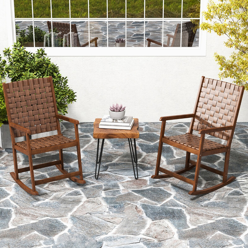 Gungstol i trä med armstöd och PU-läderflätning, brun gummiträram