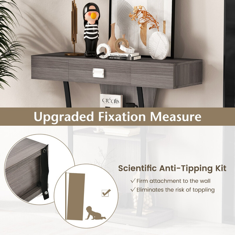 Konsolbord i trä med lådor och metallram i rustik grå färg