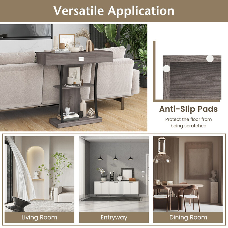 Konsolbord i trä med lådor och metallram i rustik grå färg