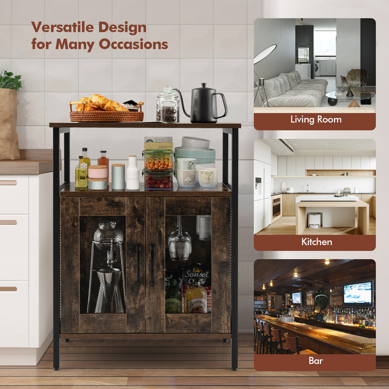 Vintage vinskåp med avtagbart vinställ och integrerade glashållare i rustik brunt trä och metall