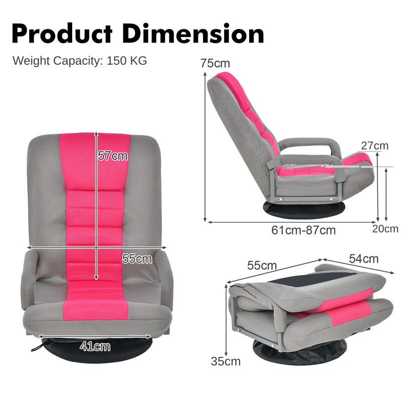 Rosa golvstol med 360° rotation och 6-läges justerbart ryggstöd för gaming och avkoppling