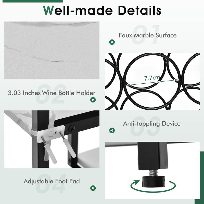 Vitt vinställ med glashållare och hyllor för 18 flaskor och 8 glas