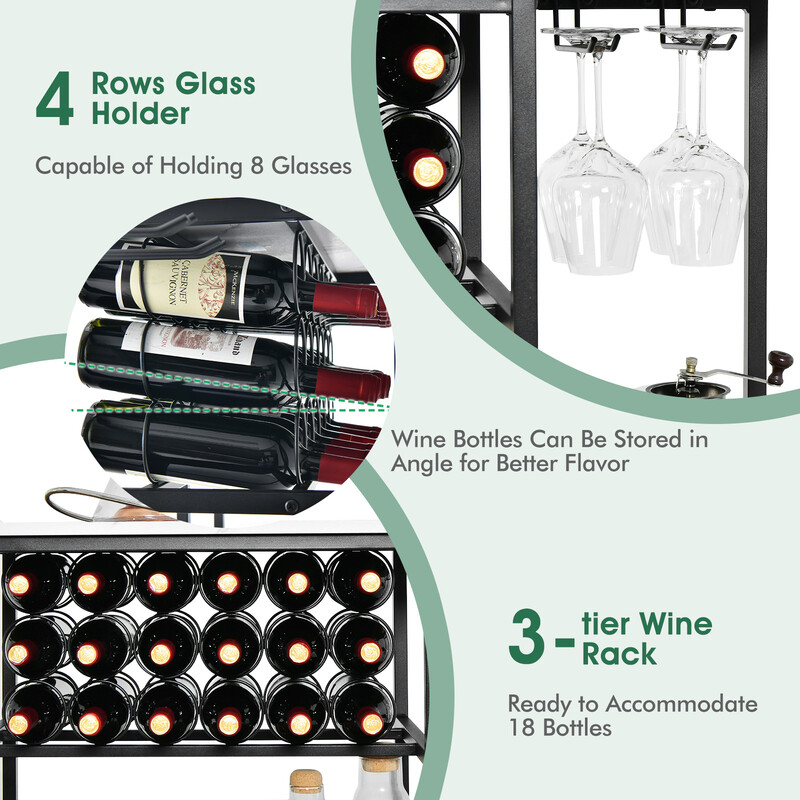 Vitt vinställ med glashållare och hyllor för 18 flaskor och 8 glas